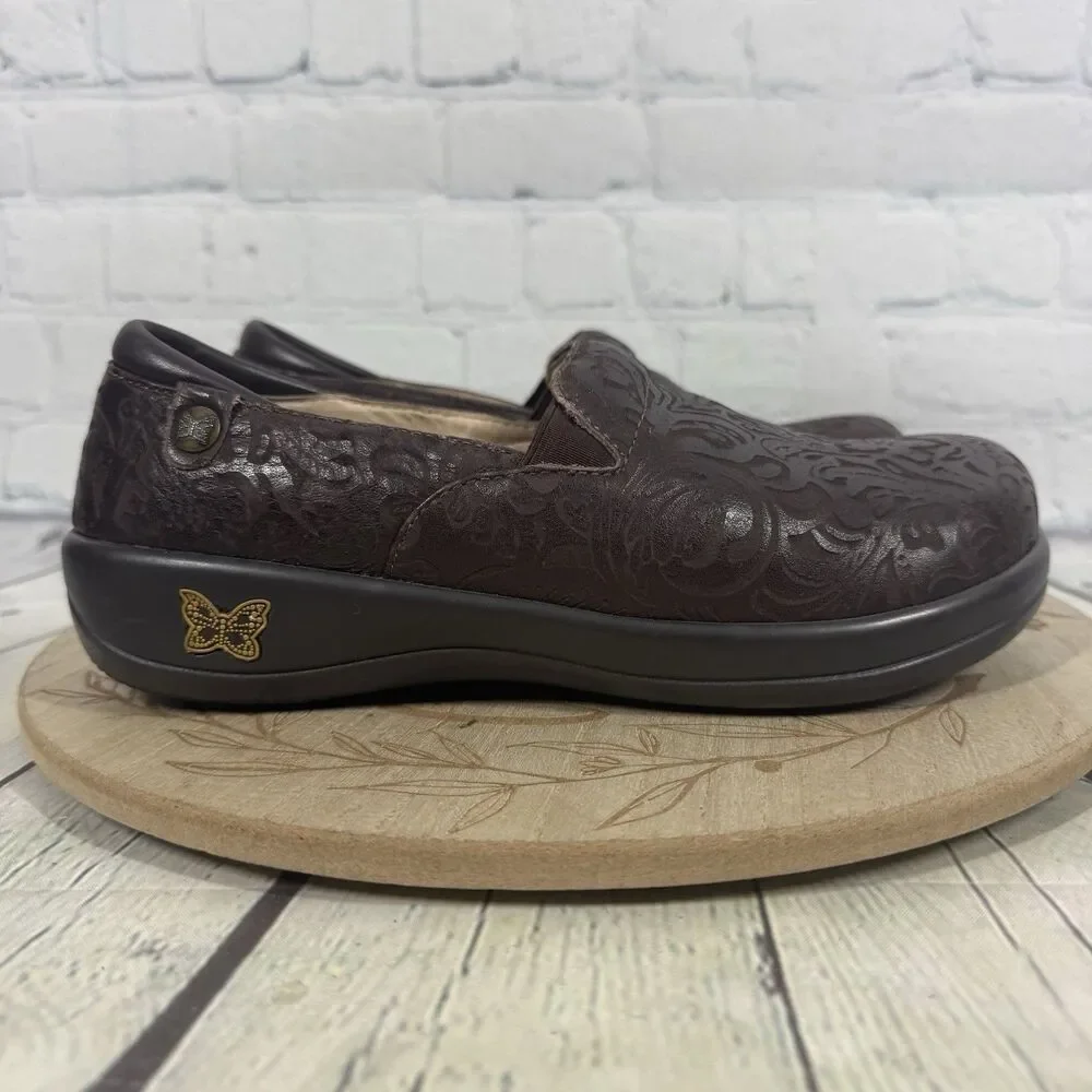 Alegria Keli KEL-433 Womens 7.5-8 US 38 EU Brown Embossed Leather Clogs Slip On